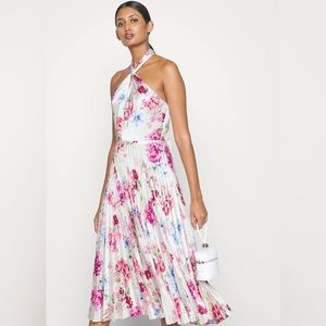 ML Monique Lhuillier Floral Hammered Satin Midi Dress